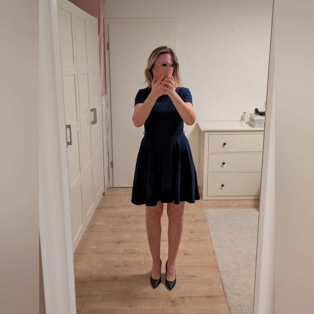 H&M Navy Blue Sleeve Fit And Flare Knee Length Dress